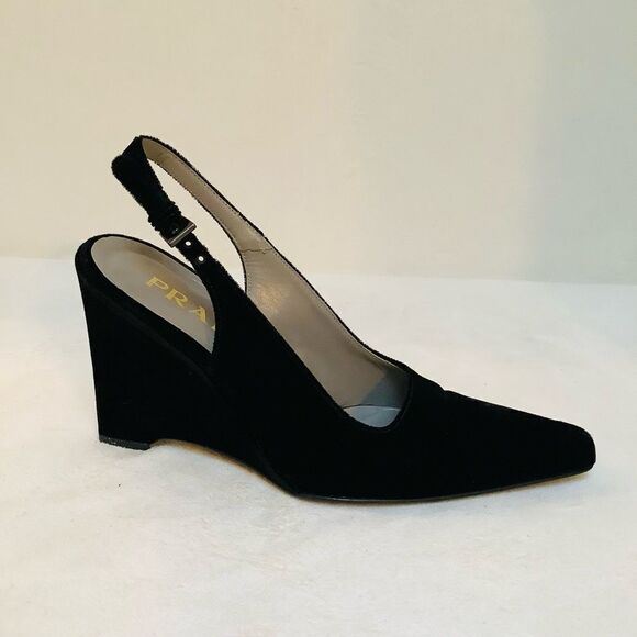 PRADA HIGH HEELS VELVET WEDGE BLACK SIZE 8 VINTAGE RARE